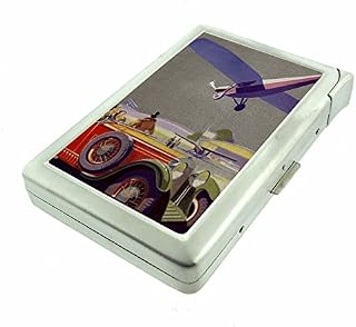 Cigarette Case with Built in Lighter Vintage Airplane S14 Smoking King Size Cigarettes Silver Metal Wallet 4" X 2.75" RFID Protection Aircraft Plane