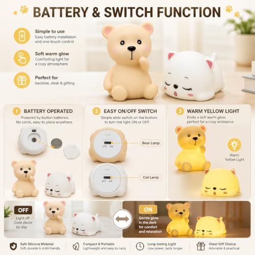 Image of Cute Dog & Cat Night Light Lamp Battery Operated Table and Desk Decorations Gift Pandas (Dog & Cat)