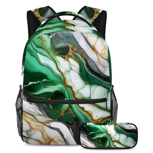 Ensemble de 2 sacs d'école avec trousse verte motif marbre pour grand classeur