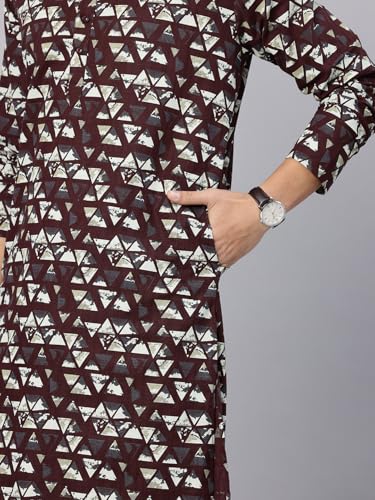 Image of Majestic Man Men's Regular Fit Ethnic Motifs Printed Pure Cotton Long Kurta with Mandarin Collar & Full Sleeves