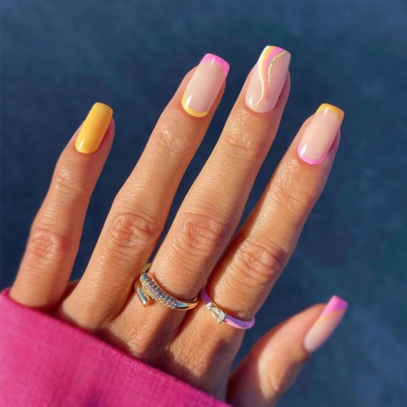 Secret Lives Glossy Artificial Nude Color with Glitter Strips Luxury Reusable Press on Nails 24 pieces Set with Kit