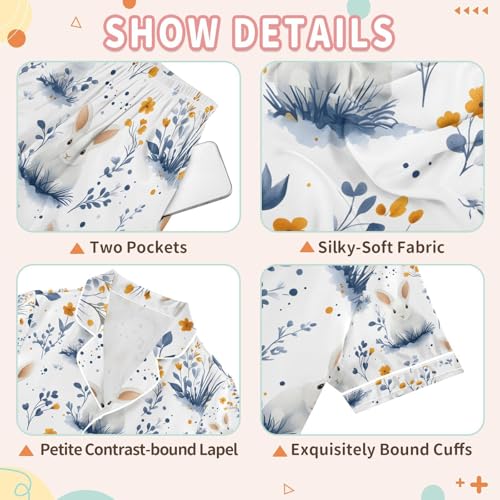 senya Rabbit Blue Grass O Satin Summer Pajama Sets Silk Short Sleeve Button Down Sleepwear3