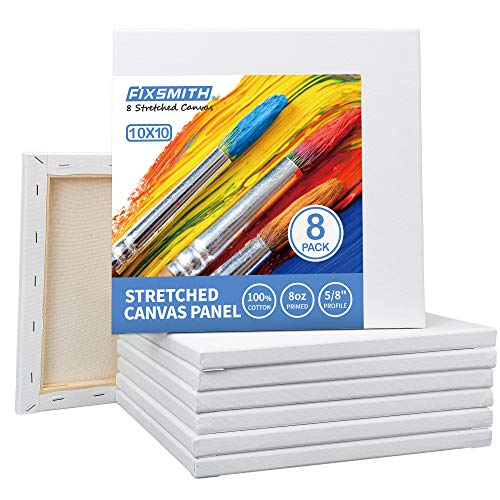 Image of FIXSMITH Stretched White Blank Canvas - 10 x10 Inch, Bulk Pack of 8, Primed, 100% Cotton, 5 /8 Inch Profile of Super Value Pack for Acrylics,Oils & Other Painting Media.