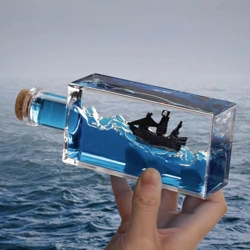 Unsinkable Black Pearl Pirate Ship in a Bottle - Ghost Ship in Ocean Wave Desk Decor for Home Office Decors Unique Birthday Gifts for Men & Pirate Lovers Liquid Motion Art Desktop Ornament (Black-e)