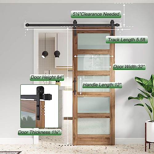 Image of FREDBECK 32 x 84 inch Glass Barn Door with 5.5FT Barn Door Hardware Kit & Handle Included,5-Panel Frosted Glass,Water-Proof Surface,Pre-Drilled Holes,Need Assembly