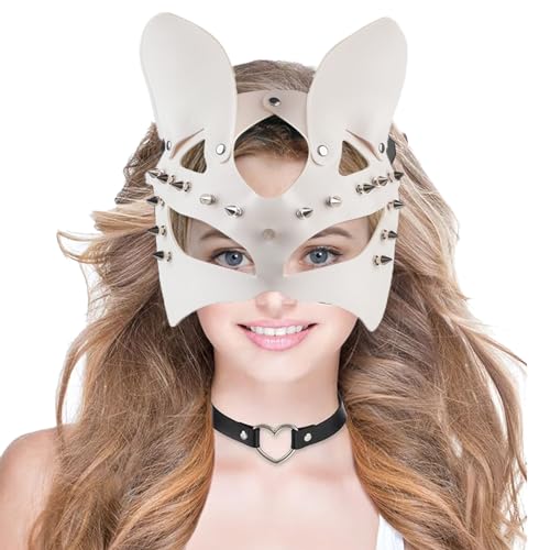 Women Cat Leather Mask Half Face Eyemask Punk Mask Halloween Fancy Dress Eyewear Mysterious Venetian Costume with Tassels for Carnival Night Club Dance Party Makeup Props