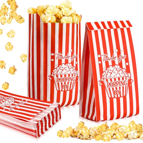 Image of Gilprop 120 Pcs Thanks for Popping by Popcorn Bags 1 oz Red Stripe Flat Bottom Paper Popcorns Bag Bulk Movie Party Favors Individual Servings for Machine Maker Cart Supplies Carnival Birthday Party