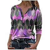 Longbluse Damen V-Ausschnitt Tunika Longshirt Sommer Herbst Lange Oberteile Große Größen Bedruckte Longpullover Langarm T Shirt Casual Lose Elegant Pullover Bluse Sweatshirt Langarmshirt Hemd Tops
