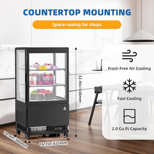 Image of 2 Cu.Ft Countertop Refrigerated Display Case with LED Light | Double Tempered Glass,Digital Control, Anti-Fog, Adjustable PVC Shelves & Auto Defrost for Bakery, Cafe, Restaurant