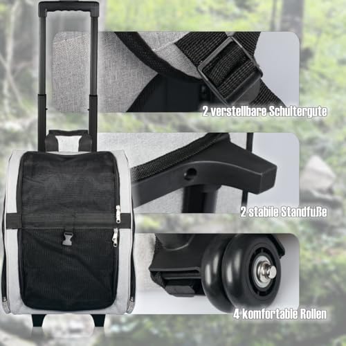 2IN1 Transporttasche mit Rollen bis 15kg Rucksack Trolley Hund Katze Hunderucksack Tasche (Melange-Grau)