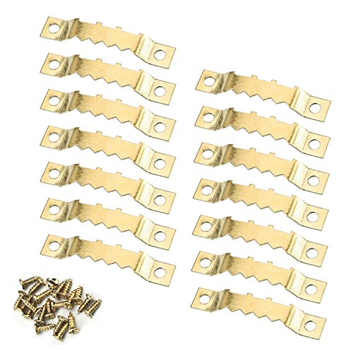 Image of MroMax 30PCS Sawtooth Picture Hangers Iron Picture Hangers 1.85 inch x 0.31 inch Double Hole Picture Frames Hangers for Hanging Clock Paintings Artwork Picture Frame Hook Photos Gold