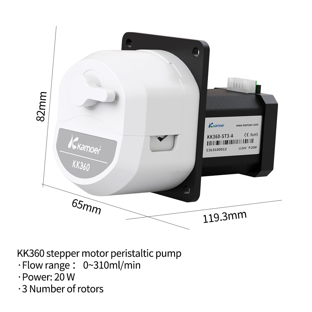 Kamoer KK360 Schlauchpumpe mit Schrittmotor mit hohem Durchfluss 24 V | Schnellwechsel, Flüssigkeitsdosierpumpe, PWM, 13-310 ml/min, 300 U/min, 5 Arten von Schläuchen