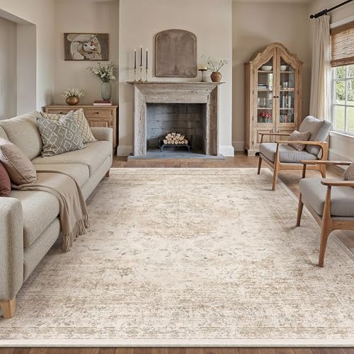 Vintage Teppich Wohnzimmer 200x300cm Beige Schlafzimmer Wohnzimmerteppich Waschbarer Groß Carpet Weich rutschfest Teppiche Esszimmer Büro Kurzflor Tepich Charleston | Beige 200 x 300 cm (Rec
