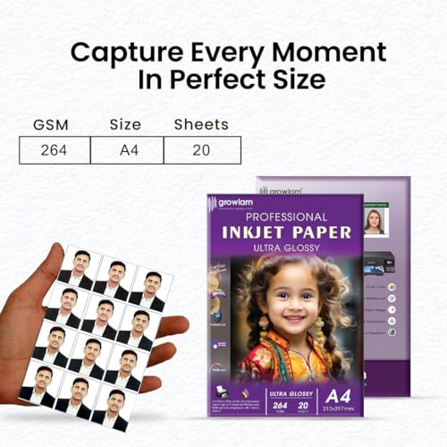 Image of Growlam Ultra Glossy Photo Paper 264 GSM A4 Size, 20 Sheets (Pack of 3) | Waterproof Technology, Instant Drying, Superior Colour Accuracy, Outstanding Ink Absorption, Resin-Coated for Long Durability