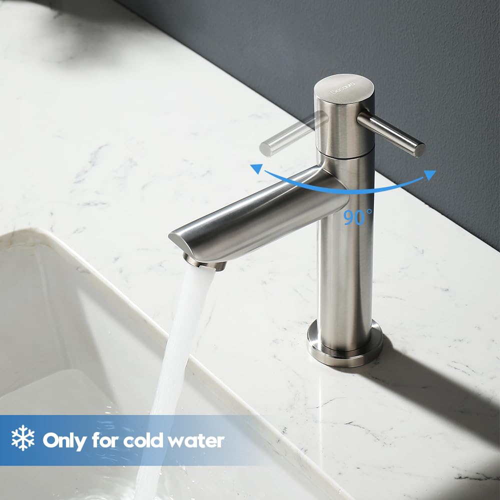 Decaura Grifo de agua fría para invitados, grifo de baño solo agua fría, monomando, grifo de lavabo, acero inoxidable cepillado