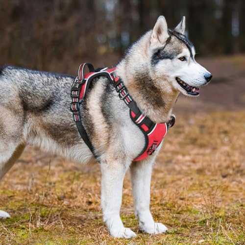 HEELE Hundegeschirr, Brustgeschirre für Hunde, Laufgeschirre Hund mit abschließbarem Schnappverschluss, einstellbare reflektierende Hundegeschirre, Offen am Hals, Anti Zug Dog Harness, Rot, L