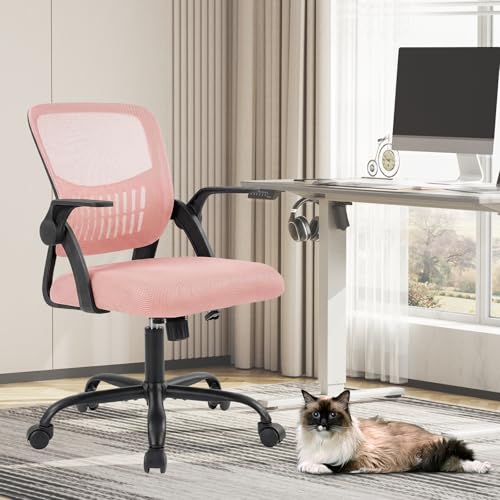 Image of Sweetcrispy Home Office Managerial Executive Chair, Flip Up Armrest Ergonomic Mesh Adjustable Swivel Mid-Back Computer Desk Chair with Comfortable Lumbar Support, Comfy Arms for Bedroom,Blak&Pink