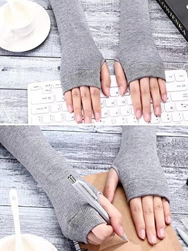 Image of Women's Long Knitted Fingerless Gloves Thumbhole Stretch Arm Warmers | Stretchy soft knitted arm warmers for women, comfortable thumbhole design, ideal daily winter hand sleeve accessories