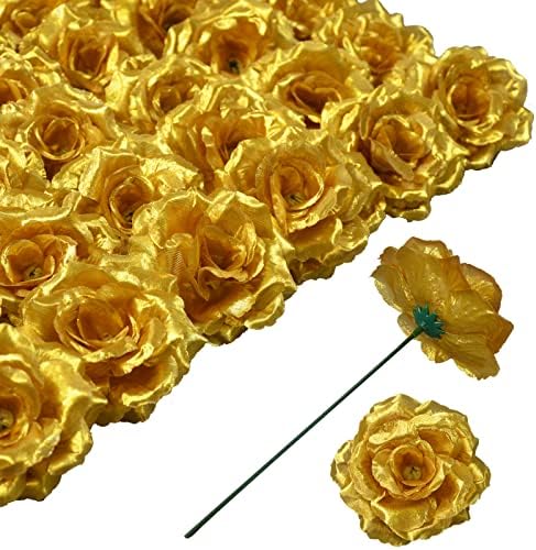 Eternal Blossom Rose Head Flowers with Stem, 50 Golden Artificial Flowers, Used for Wedding Decoration DIY Handmade Flowers Silk Fake Rose 3 Inches and 6 Inches Stem, Gold