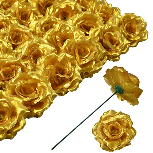 Eternal Blossom Rose Head Flowers With Stem, 50 Golden Artificial Flowers, Used For Wedding Decoration Diy Handmade Flowers Silk Fake Rose 3 Inches And 6 Inches Stem, Gold #TOP5