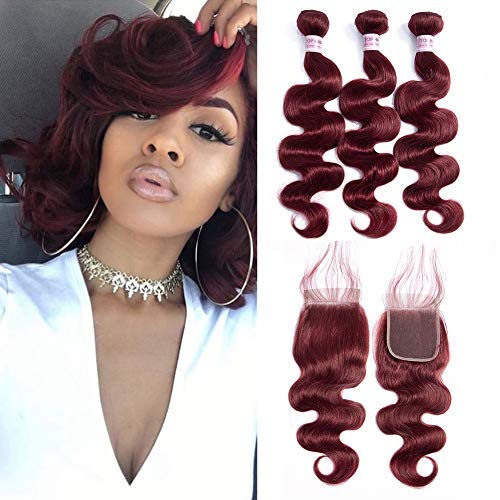 Aigemei Peruvian Virgin Hair Body Wave Wine Red 3 Bundle with 1pc 4x4 Free Part Lace Closure 100% Unprocessed Body Wavy Human Hair Extensions(22 22 24+20 Closure,Wine Red #99J)
