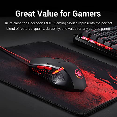 Redragon Mouse para jogos M601 com fio com LED vermelho, 3200 DPI 6 botões ergonômico CENTROPHORUS m