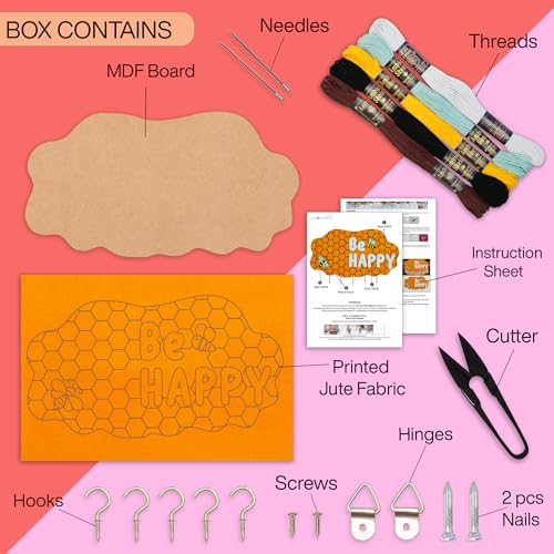 Image of picknMAKE DIY Embroidery Keychain Holder Kit - Stitch, Assemble, and Craft a Cloud-Shaped Be Happy Key Organizer with Hooks & All Material Included, Create a Personalized Wall-Mounted