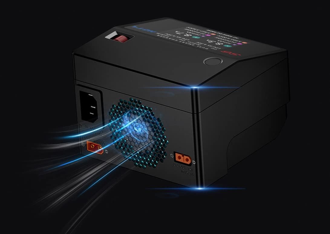 Rear view of HOTA S6 Dual Smart Charger with airflow illustration