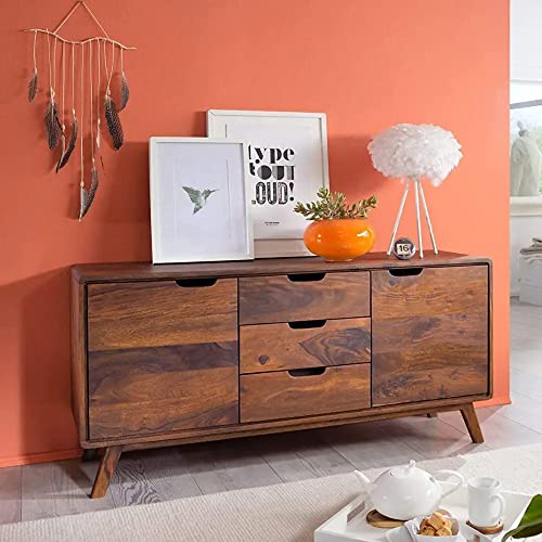 Image of SHIKHA WOOD CRAFT Solid Sheesham Wood Sideboard Cabinet with 3 Drawers and 2 Doors Storage | Multipurpose Wooden Cupboard Furniture for Living Room, Bedroom, Hotel, and Kitchen (Natural Finish)
