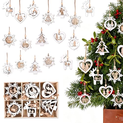 24 Stück Holzanhänger Weihnachten Holz Schneeflocken Anhänger...