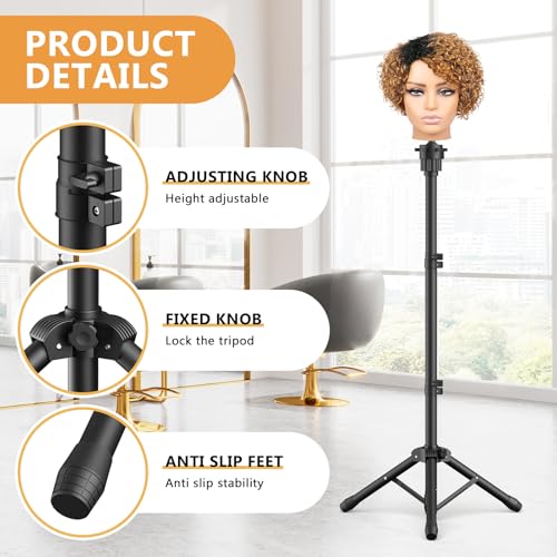 Retbtnm Wig Head Stand 50 Inches, Height Adjustable Tripod Wig Stand, Salon Mannequin Head Stand with Anti-Slip Base for Styling, Wig Display Barber Training, Beauty School (Black)