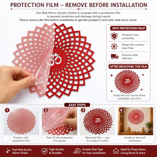 Image of Mandala Om 3D Acrylic Mirror Wall Sticker | Red Decorative Om Wall Art for Living Room, Hall, Bedroom, Kids Room, Home & Office | Self-Adhesive Spiritual Mirror Wall Decor