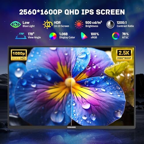 Kinhank 2.5K 144Hz ポータブルモニター 16インチ、Android TV 12.0 OS、2560 * 1600P QHD IPS ポータブルゲームディスプレイ、FreeSync、500Nits スクリーン USB-C HDMI トラベルモニター ノートパソコン PC Mac Phone PS5 Xbox Switch用