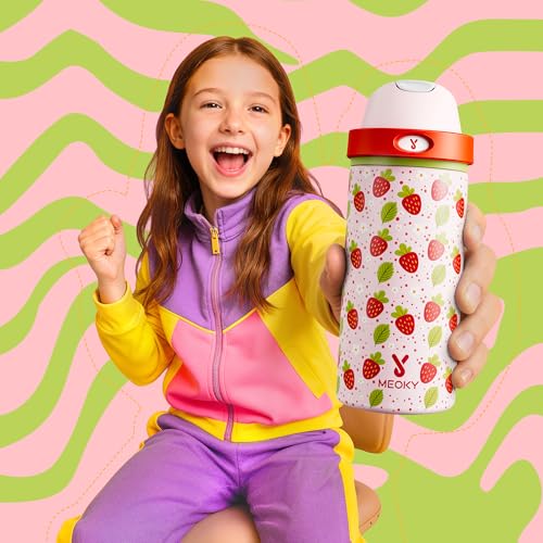 Image of 18 oz Insulated Water Bottle for Kids: Meoky Stainless Steel Water Bottle with 2-in-1 Straw and Spout Lid - Leak Proof, Cold for 24 Hours, BPA-Free for Girls School Sports, Strawberry Garden