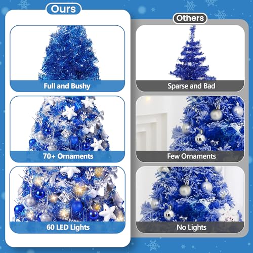 Image of 2FT Mini Christmas Tree, Blue Tabletop Christmas Tree, Prelit Small Christmas Tree with 60 LED Lights, 100 Lifelike Branches, 73 Ornaments, Artificial Xmas Tree for Home Indoor Decor
