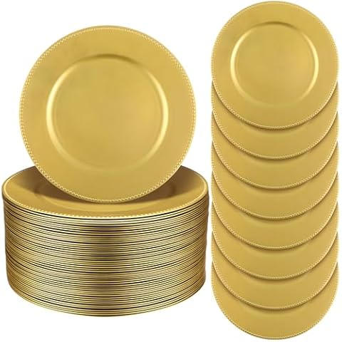 Jinei Charger Plates, 100Pcs Gold Plastic Reusable Dinner Charger Plates, 13'' Round Vintage Table Decoration, for Wedding, Party & Holiday Cover
