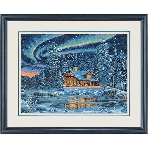 Image of Dimensions Gold Collection Counted Cross Stitch Kit, Aurora Cabin, 16 Count Dove Grey Aida, 16'' x 12''
