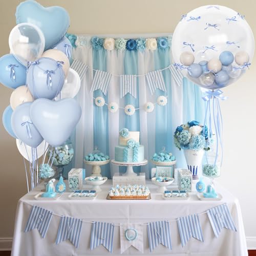 Image of Baby Light Blue Cream Balloons Party Decorations, 20 Inch Bobo Pale Pastel Blue and White Sand Balloons Heart Mylar Shape Balloon, OH Baby Shower Foil Balloon as Boys Girls Birthday Decor