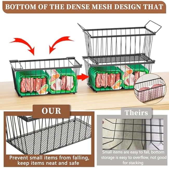 6 Pack Stackable Deep Freezer Organizer Bins £¬Upgraded Bottom Leak-Proof net£¬Encryption and Hardening and 4PCS-U-Shaped Stackable Wire Baskets, Suitable for Storage Shelves