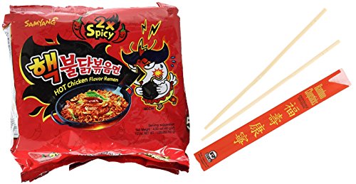 Samyang 2X Spicy Hot Chicken Flavor Ramen Spicy Noodles 5 pack with Chopsticks Bundle