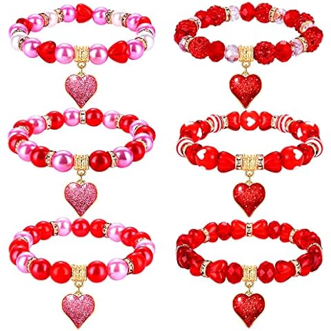 XOCARTIGE 6PCS Valentine’s Day Bracelets Red Heart Charms Bracelets for Women Crystal Pearl Beaded Stretch Bracelet Set Festive Birthday Party Gifts (6PCS Red Bracelets) Cover