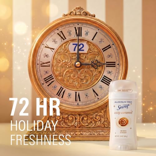 Image of Secret Aluminum Free Deodorant for Women, 72hr Magnesium Odor Protection with Pro-Hyaluronic Acid, PH Balancing Minerals, Holiday Dry Solid, Cozy Caramel Scent, 2.4 oz