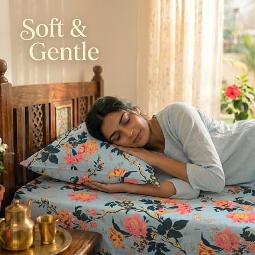 Image of Mafatlal Saanjh 144 TC Single Size Cotton Bedspread 90x60 Inch | Premium Woven Fabric | Decorative Printed Top Layer | Home Linen Essential | Everyday use | Pillowcase Included | Fair Aqua