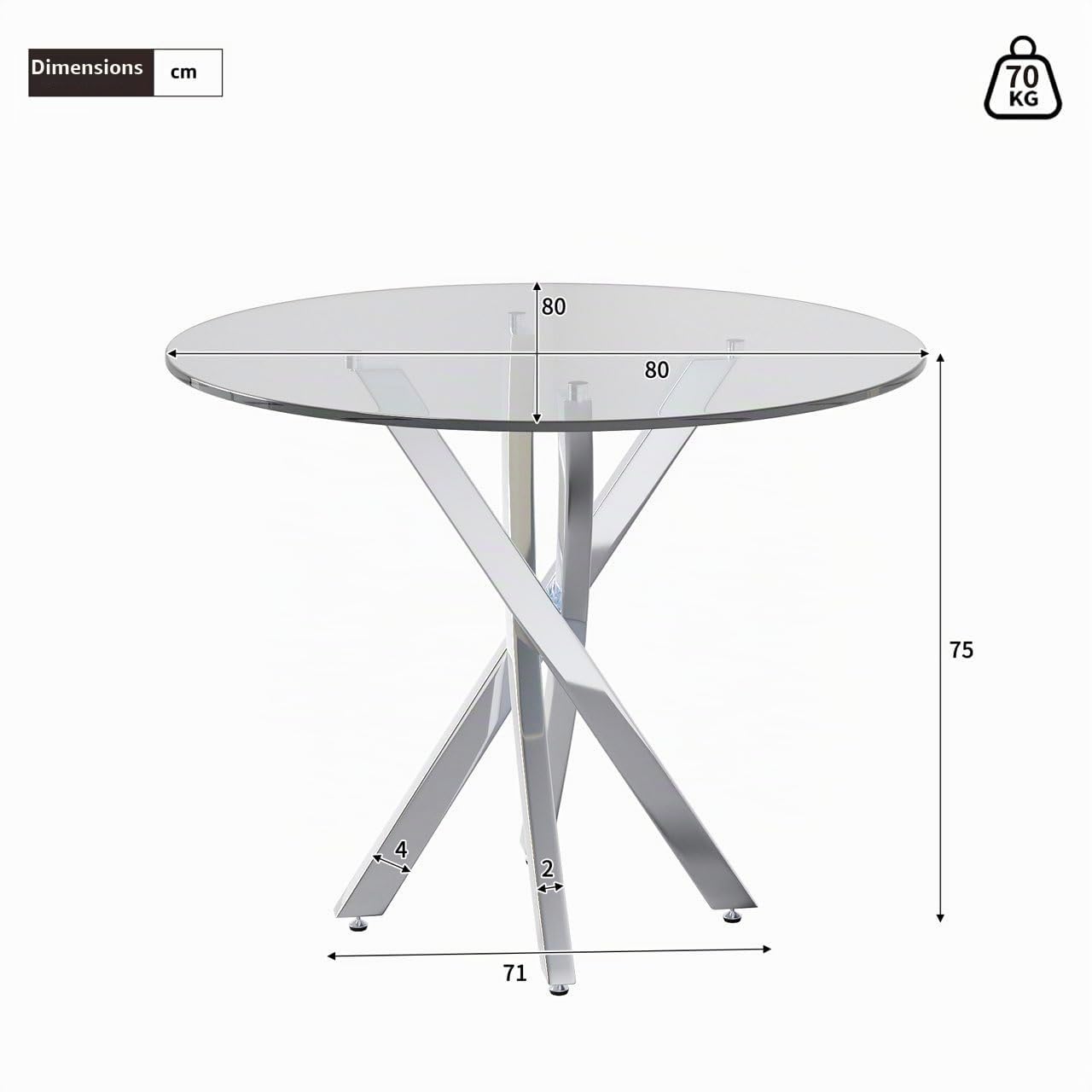 Merax Table à manger ronde, 80 x 80 x 75 cm, en verre moderne, avec plateau en verre trempé, pieds en métal galvanisé en argent, table de cuisine stable pour 2 à 4 personnes, table à café et de