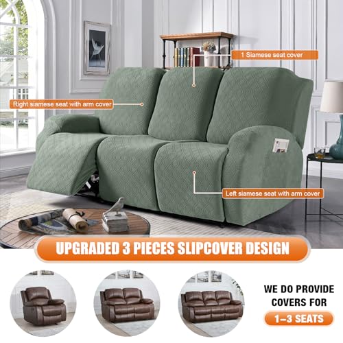 Image of VANSOFY Recliner Cover, 3-Pieces Stretch Reclining Couch Covers with Pockets Reclining Sofa Slipcovers 3 Seater Soft Washable Furniture Protector for Dogs Cats(Bean Green)