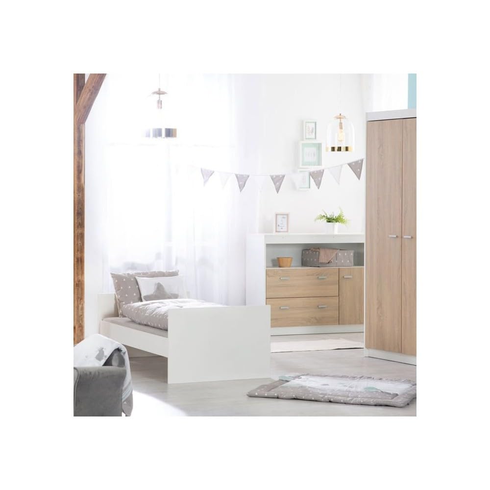 roba Chambre Bébé Complète Gabriella - Lit Évolutif 70 x 140 cm + Commode à Langer + Armoire 3 Portes - Blanc / Décor Bois