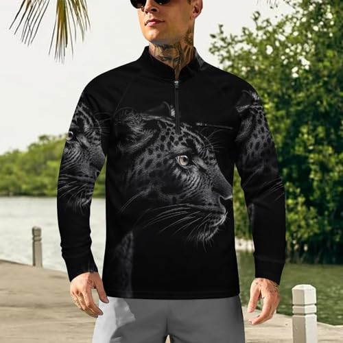 Close-up of Black Leopard Men's Sun Protection Shirts UV SPF UPF 50+ Long Sleeve Rash Guard Lightweight2