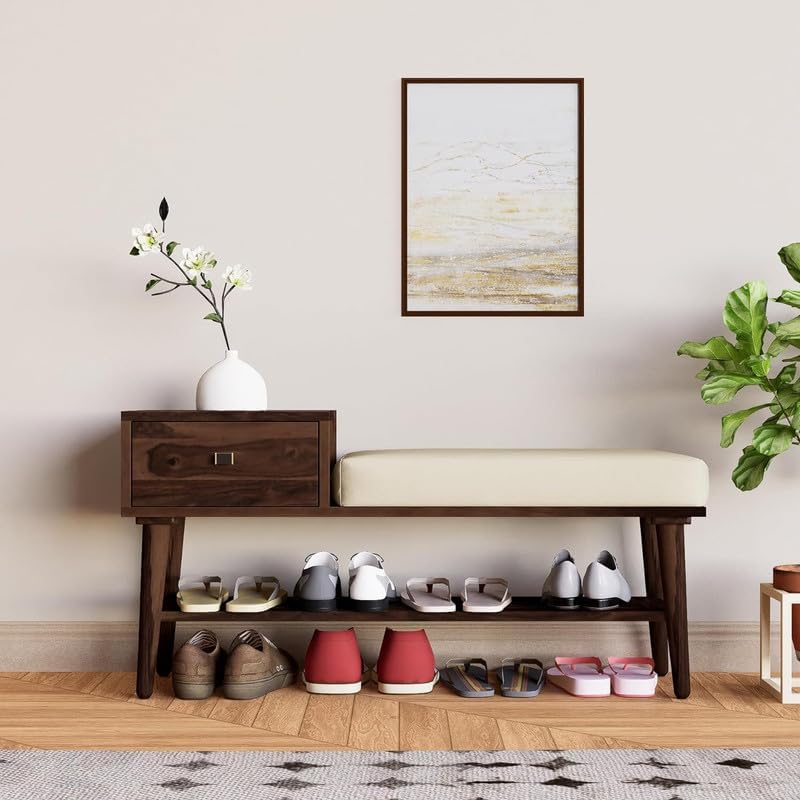 Image of VK Furniture Solid Sheesham Wood Shoe Rack with 1 Drawer Storage | Wooden Large Size Shoe Cabinet with Cushion Seating for Home, Living Room, Hotel, Enteryway (Walnut Finish)