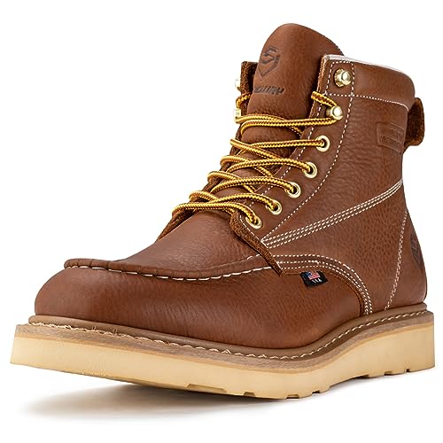 SUREWAY 6 in Mens Soft Toe Work Boots for Men-Full Grain Leather,Goodyear,Non-Slip EH Safety Industial Construction Wedge Moc Toe Work Boots/Shoes,Soft Toe Tobacco,Size 6.5 - Main Image