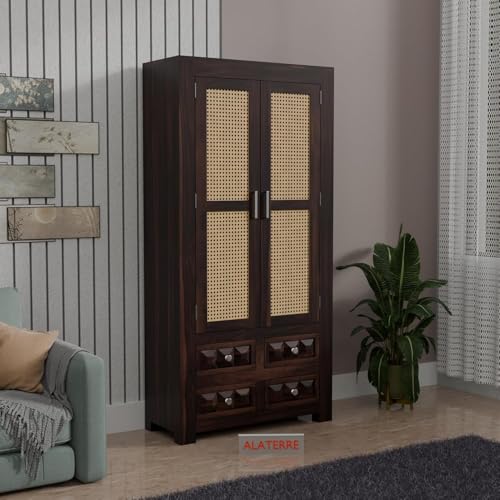 Image of Wooden Storage Cabinet with Cane Doors & Drawers | Tall Solid Wood Wardrobe Cabinet with 2 Doors & 4 Drawers (Walnut Finish)
